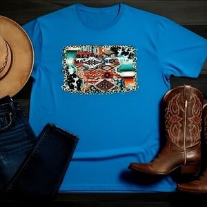 Southwestern Aztec Graphic Tee Turquoise Blue Boho Western Tribal Print Shirt